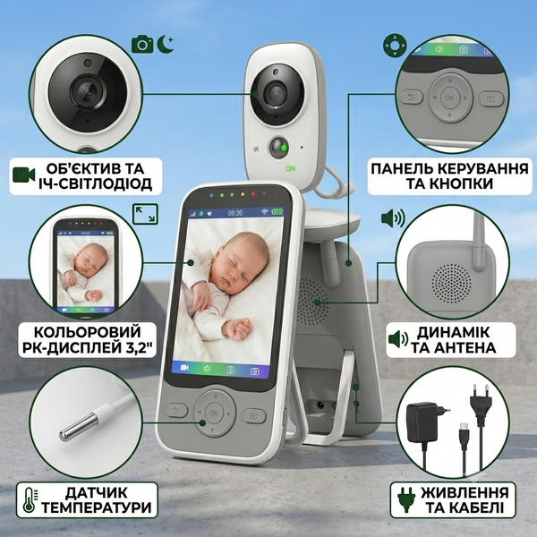 Відеоняня Baby Monitor VB603 3.2" Original JKR з нічним баченням, датчиком звуку (VOX), термометром та двостороннім зв'язком VB603 3.2" фото